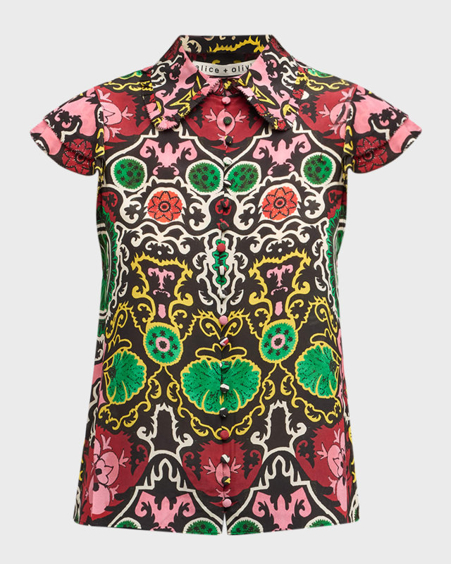 Martel Flutter-Sleeve Crepe de Chine Blouse